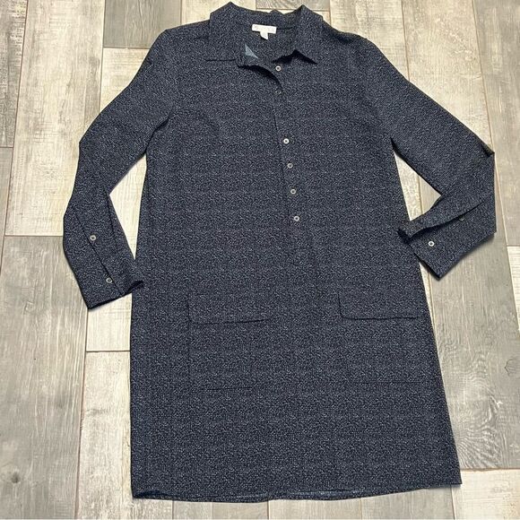 Lila Rose Blue Black Print Stretch 1/4 Button Popover Shirt Dress Academia 8 M - Picture 9 of 12